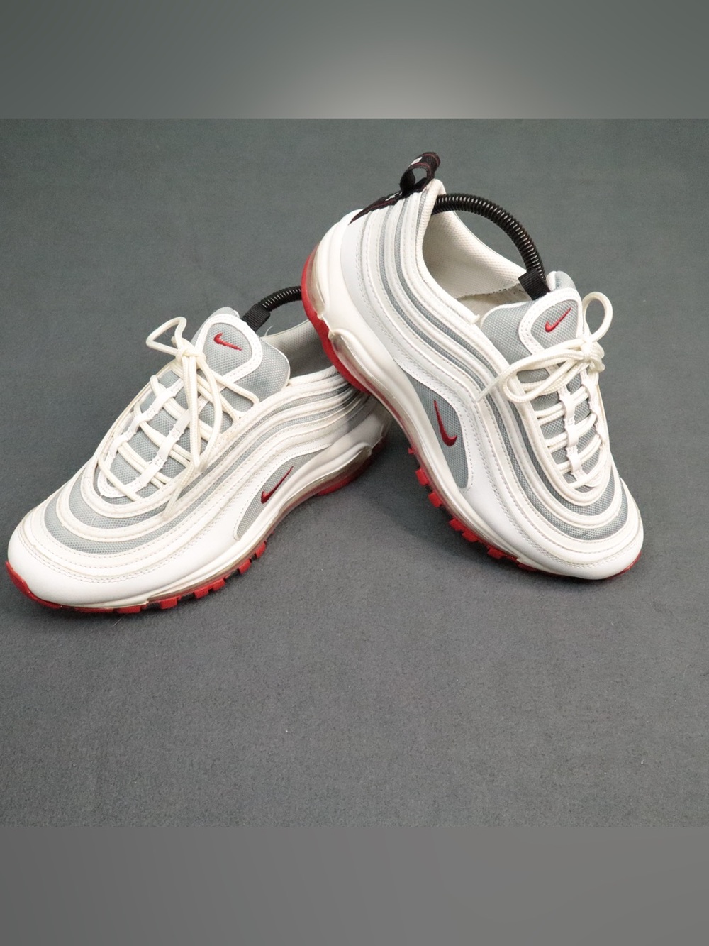 ⁠Nike Air Max 97 White Bullet Sneakers 921522-111 Mens 7Y Womens 8.5 EUR 40 Red⁠